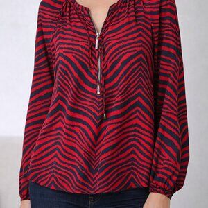 Michael Michael Kors Red &‎ Navy Zebra Print Zip-Front Blouse Size 14